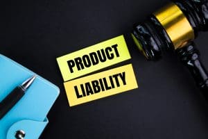 A gavel and a blue clipboard with a pen placed on a black background, next to yellow sticky notes with the words "product liability" printed in bold black text.