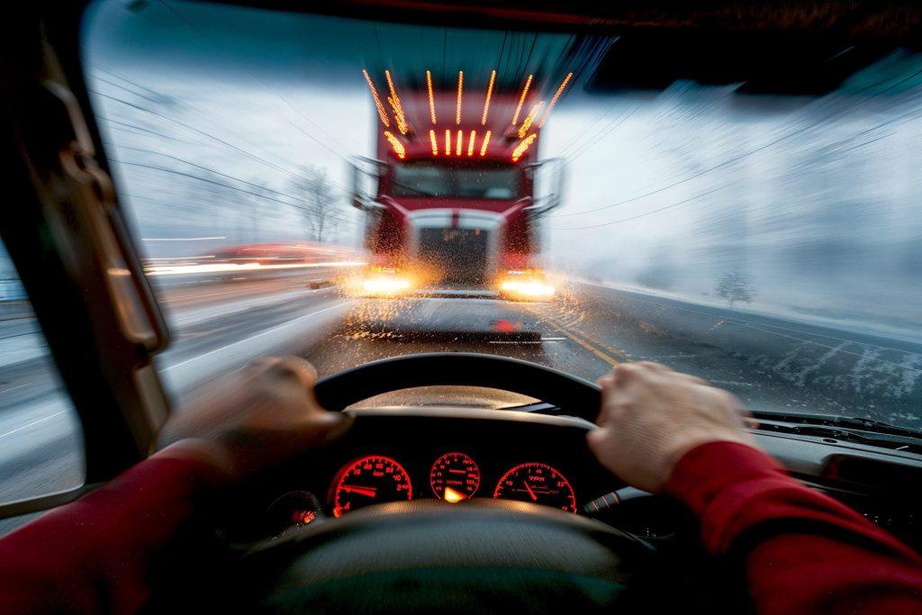 View from inside a car showing the driver's hands on the steering wheel, approaching a large red truck on a snowy road at twilight, dashboard illuminated.