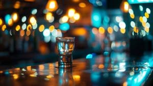 A glass of water on a bar counter illuminated by soft, bokeh lights creating a warm and inviting atmosphere.
