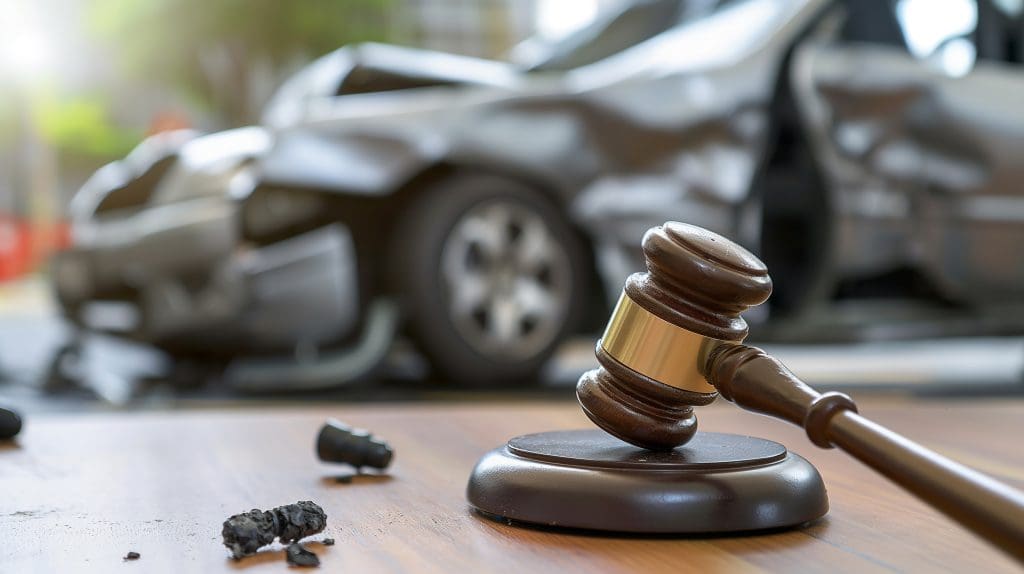 A judge's gavel rests on a wooden surface in the foreground, while a heavily damaged car is blurred in the background. Small debris and parts are scattered near the gavel, suggesting a car accident and impending legal action under insurance law.