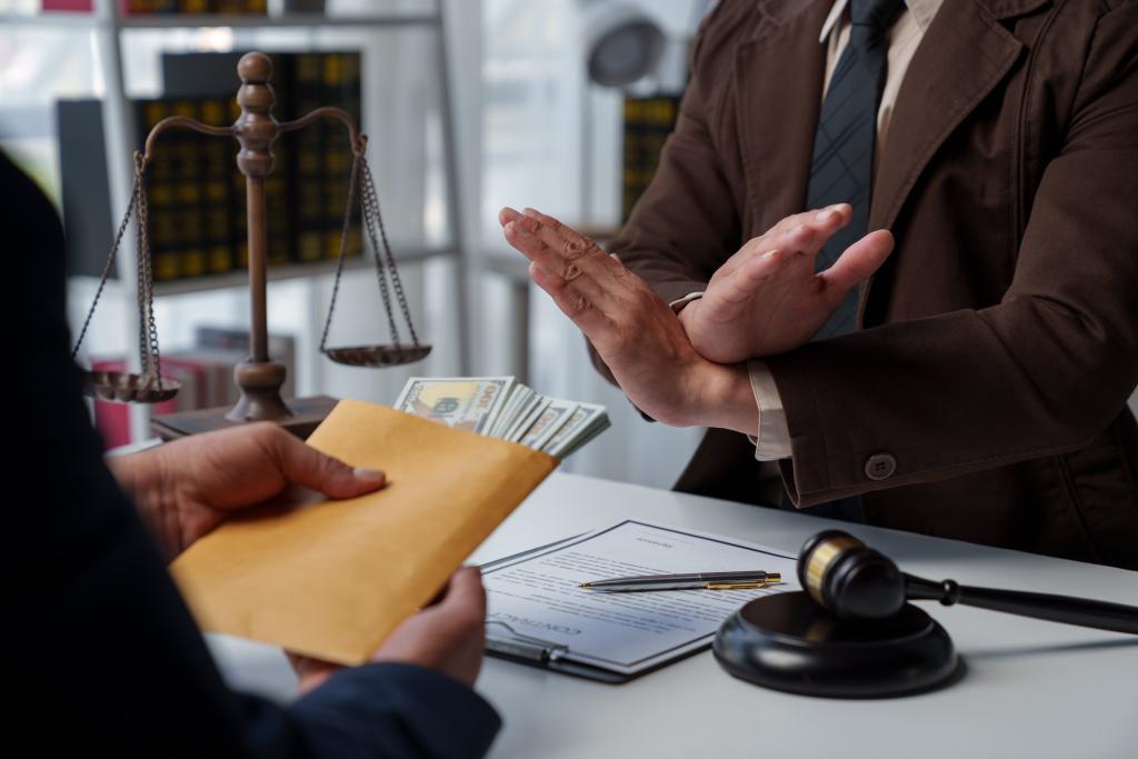 A person in a suit hands an envelope filled with cash to another person behind a desk, who is gesturing rejection with crossed hands. A scale, document, and gavel are on the desk, suggesting a legal setting related to uninsured motorist claims.