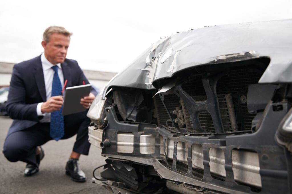 Man in a suit crouches next to a car with significant front-end damage, taking notes on a clipboard. The scene appears to be outdoors, possibly at a location specializing in vehicle assessment or repairs.