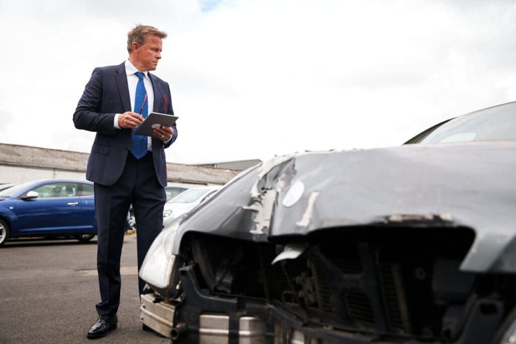 A man in a suit inspects a damaged car while holding a tablet in an outdoor lot. Other vehicles are visible in the background. The front of the car is severely dented and mangled. It appears to be daytime with a partly cloudy sky.