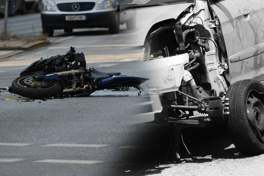 A split image showing a motorcycle accident scene on one side and a car crash on the other. The motorcycle is lying on the road, while the car has visible damage to its front end. The image captures the aftermath of road accidents.