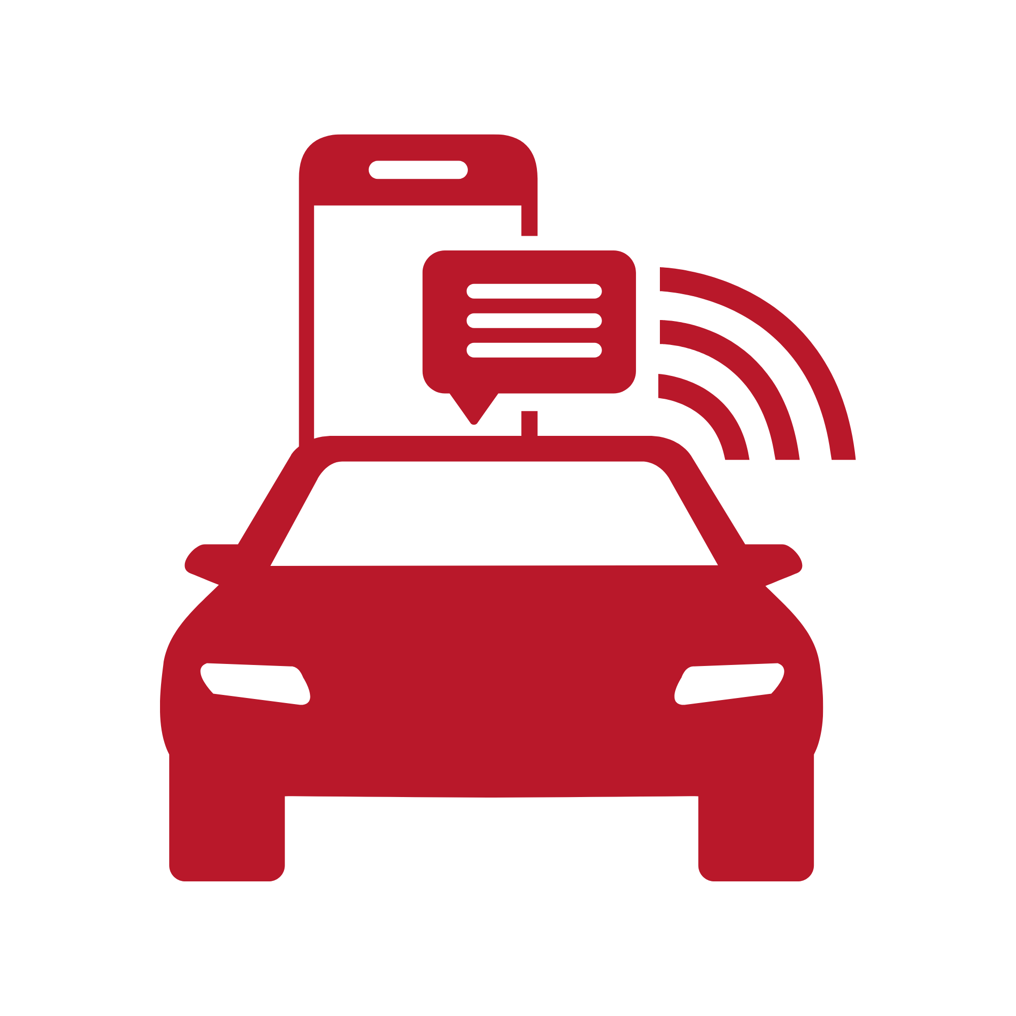 A red silhouette of a car with a smartphone and a chat bubble with signal lines above it, set against a black background. The illustration suggests a connection between vehicles and mobile communication.
