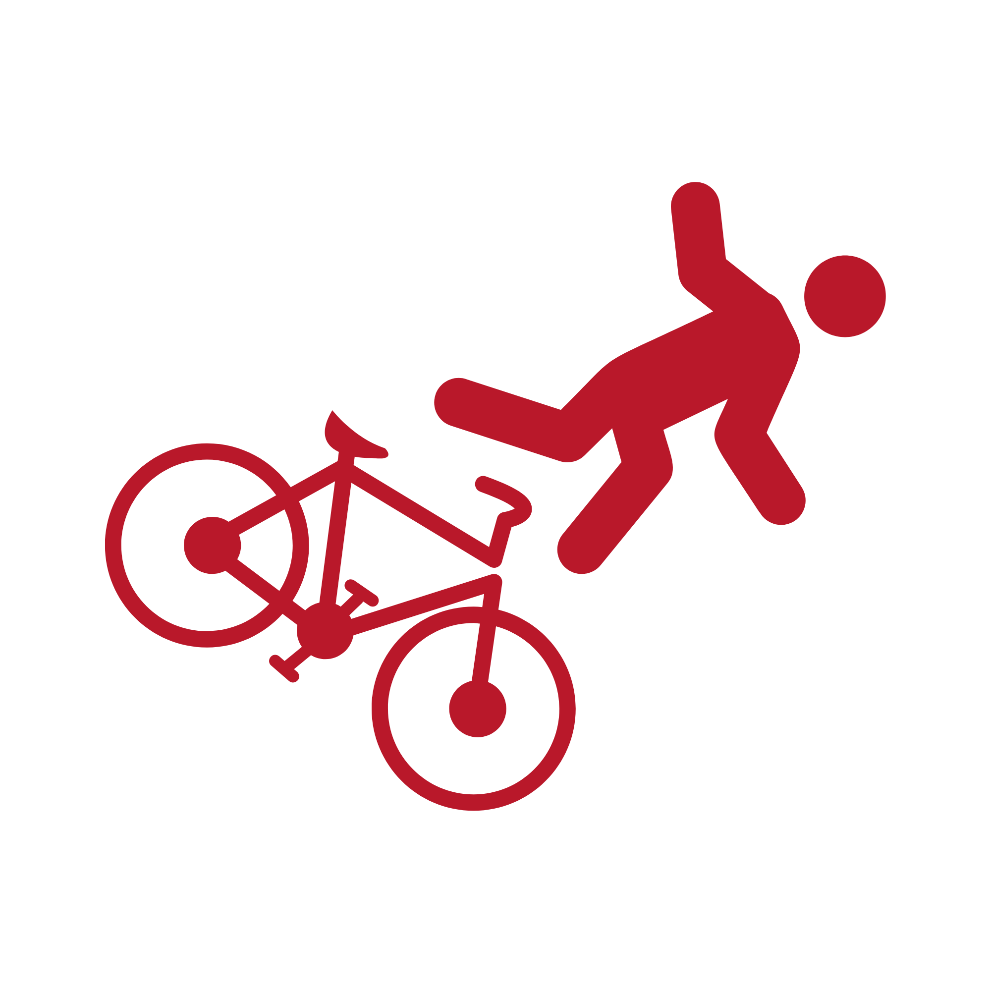 A red silhouette of a person falling off a bicycle on a black background.