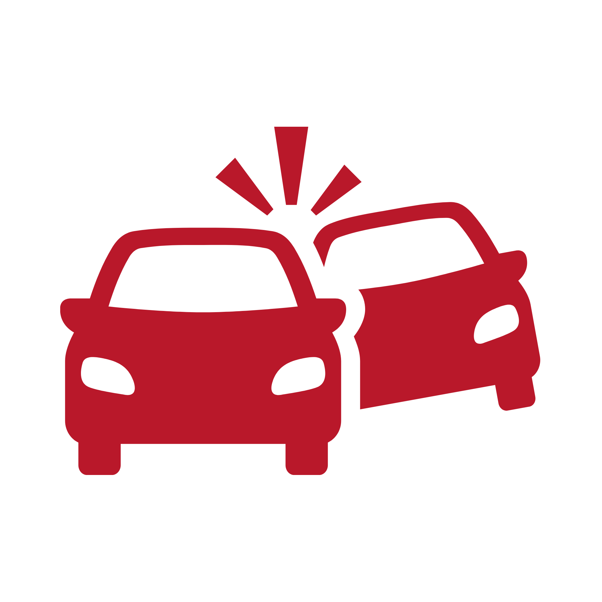 Red icon of two cars colliding, with impact lines between them on a black background. The symbol represents a car accident.