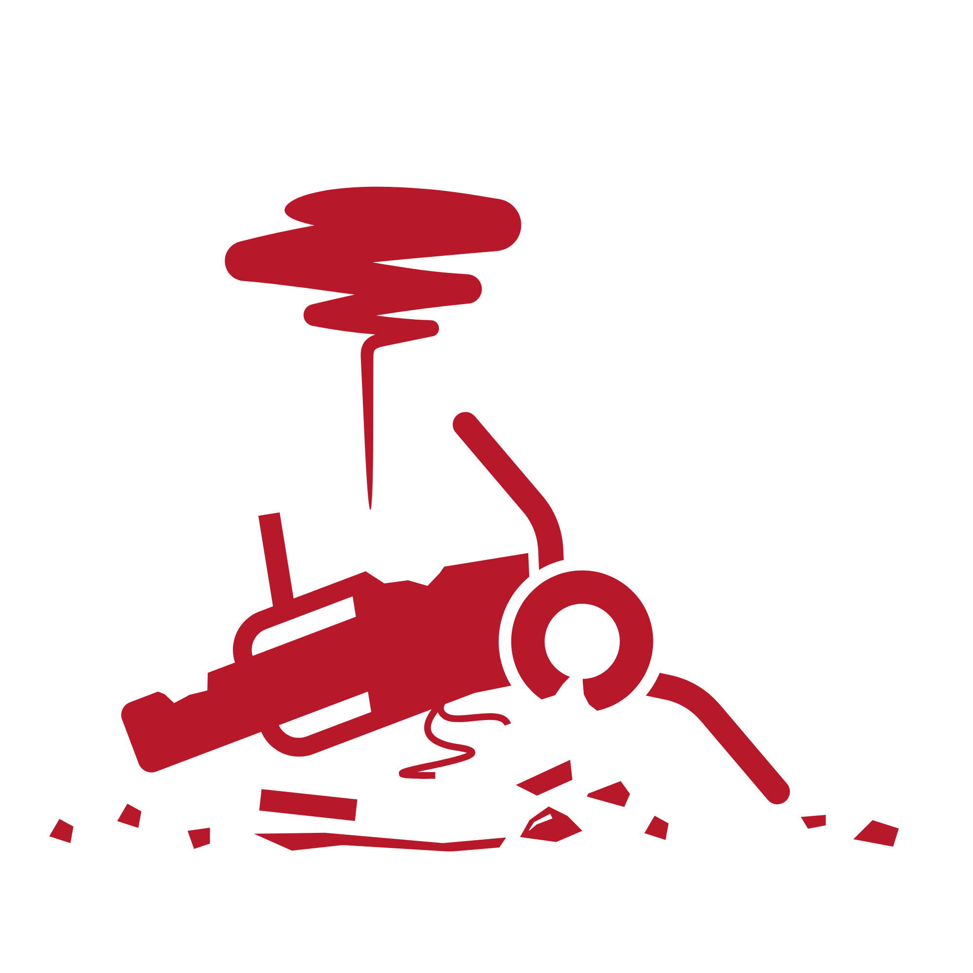 Abstract red illustration depicting a toppled chair and desk with scattered papers and rising smoke, possibly symbolizing chaos or disorder.