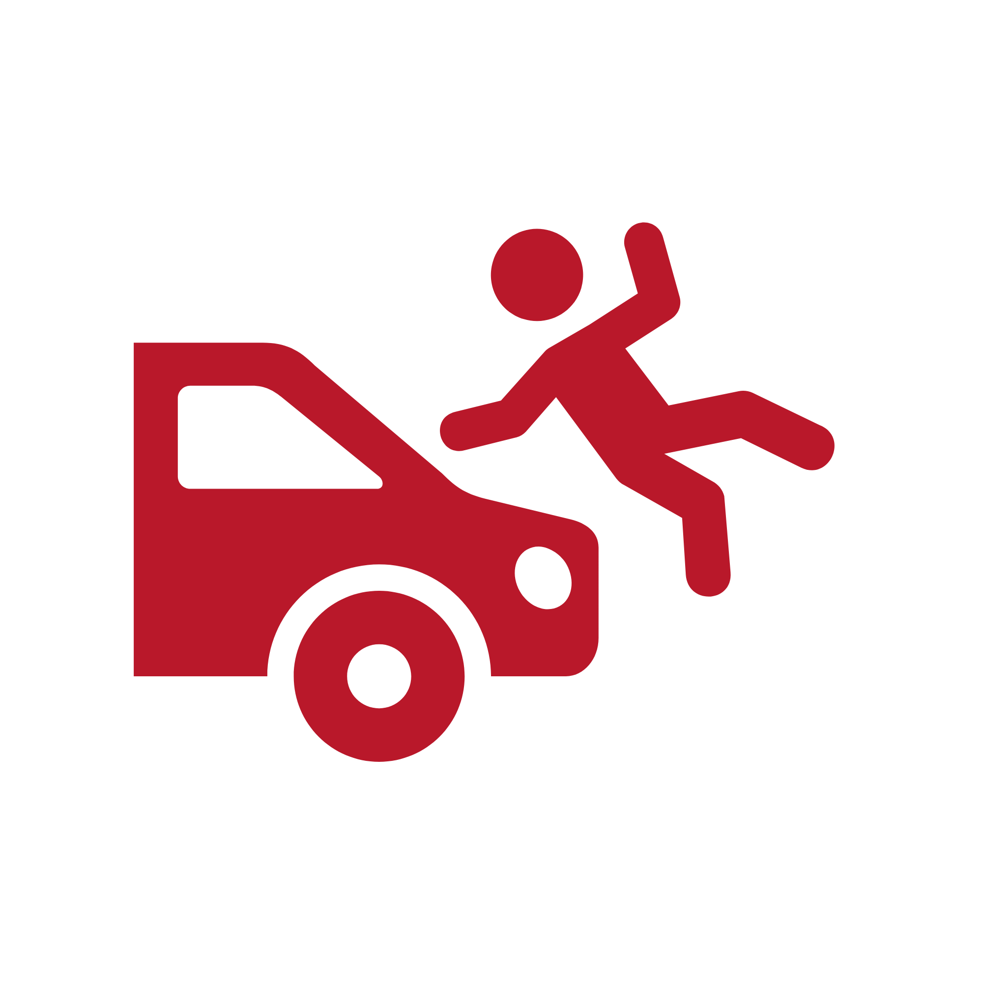 A red caution symbol showing a person being hit by a vehicle, indicating a potential collision or pedestrian hazard. The person is depicted in a falling position in front of the vehicle.