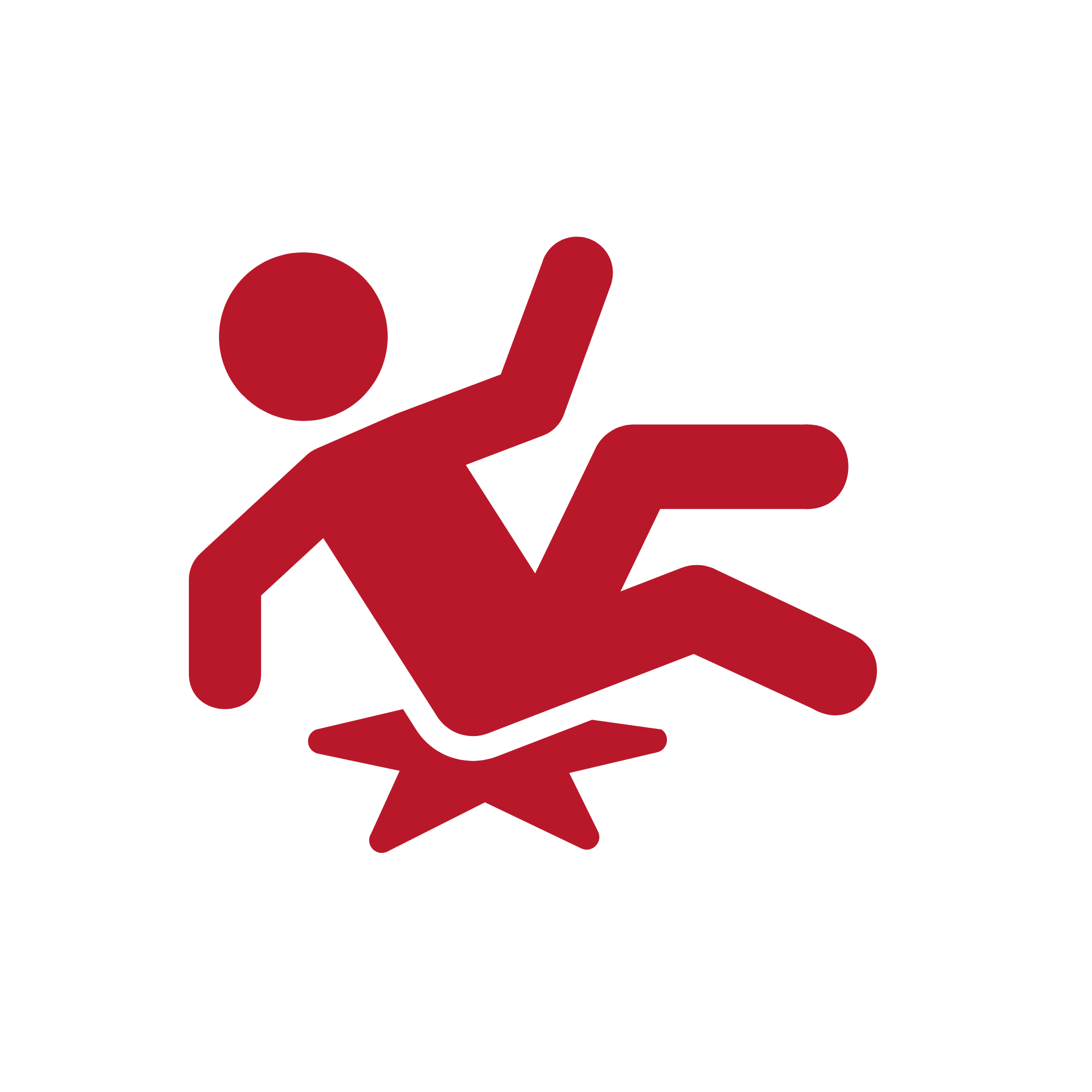 Red icon of a person slipping and falling on a flat surface, with a starburst symbol below to indicate slipping. The figure is depicted in a simplistic, stylized manner on a black background.