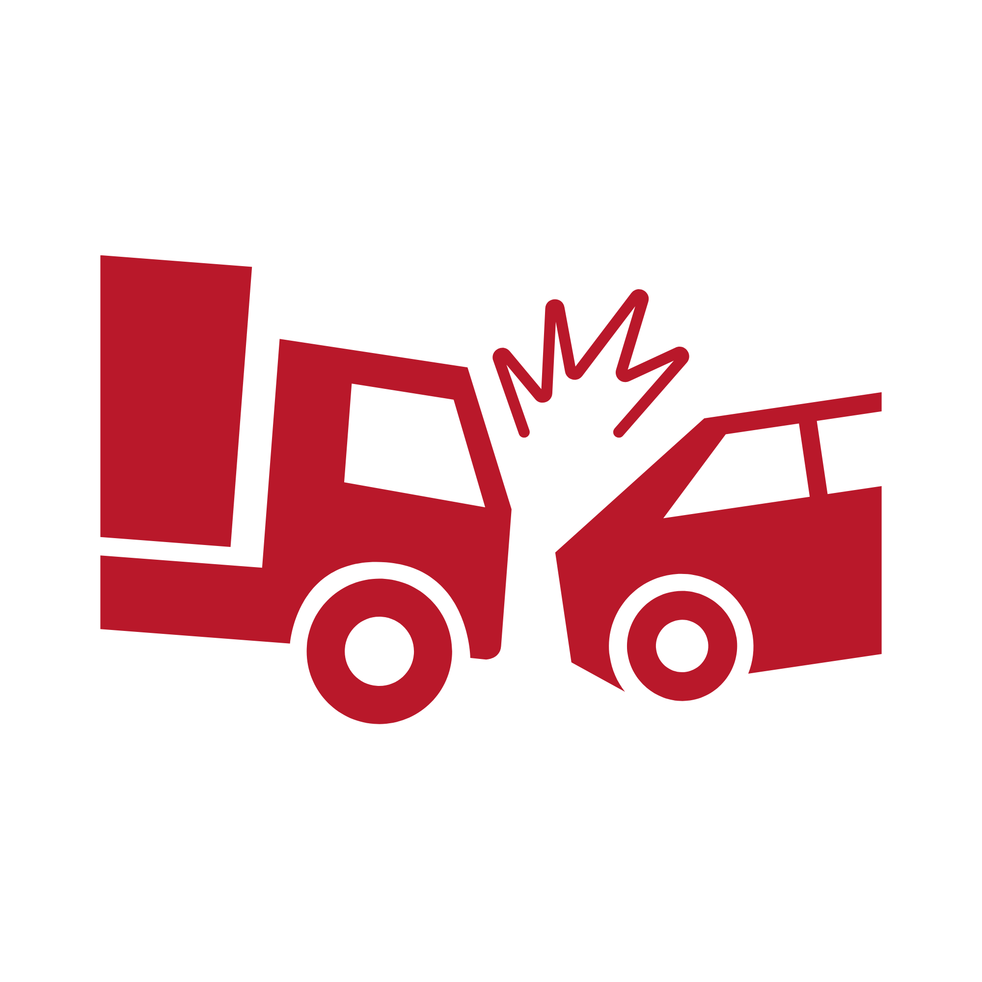 Red graphic depicting a truck and a car colliding, with impact lines indicating a crash.