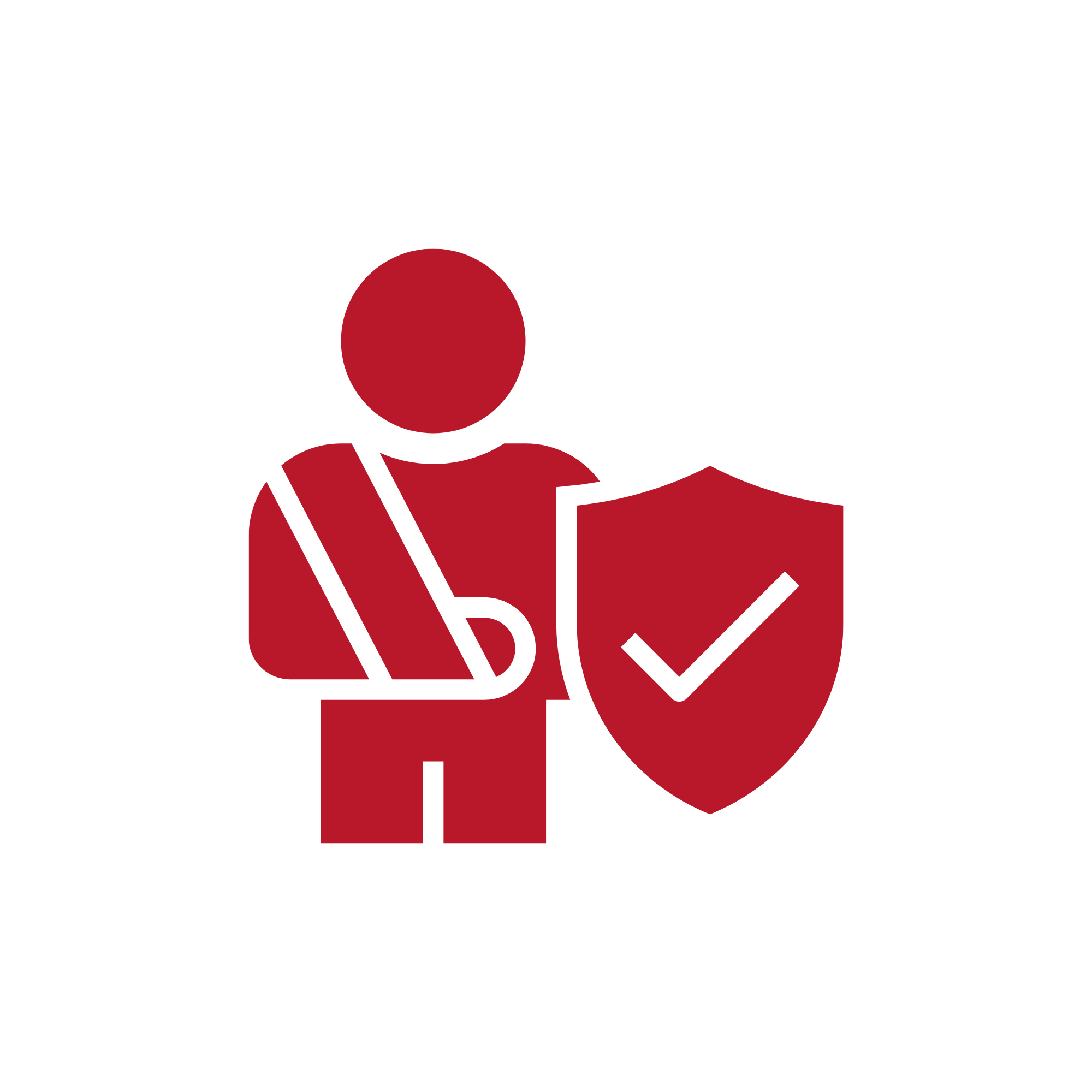 Red icon of a person with a shoulder strap beside a shield containing a checkmark, symbolizing protection or security. The background is black.