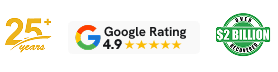 Business achievement banner showing 25 years in business, 4.9 Google rating with five stars, and $2 billion certified milestone