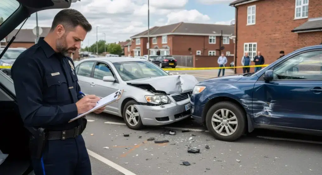 Police officer writing notes at a car accident scene with damaged vehicles, representing car accident documentation, car accident evidence, and what to do after a car accident in Florida.