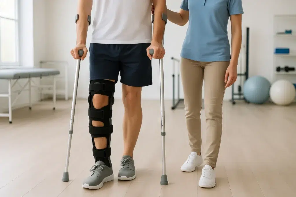 Person using crutches with a leg brace while being assisted by a therapist, representing rehabilitation after a car accident injury.