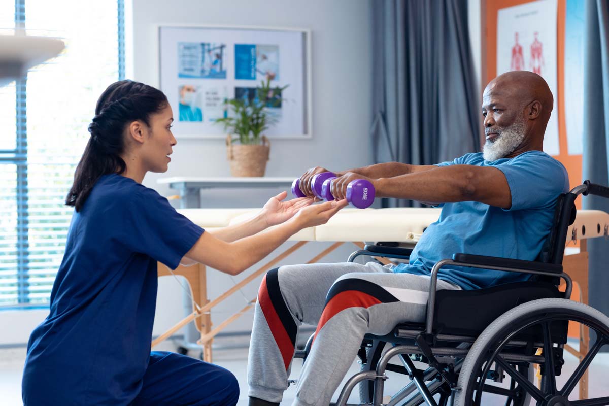 Car accident victim participating in physical therapy rehabilitation to improve mobility and recovery after a serious traffic accident injury.